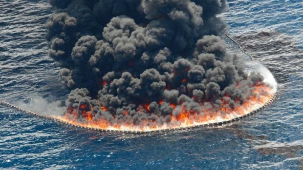 A controlled oil burn is seen near the site of the Deepwater Horizon oil spill in the Gulf of Mexico.