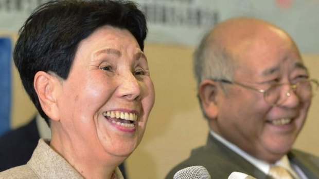 Joyful ... Hideko Hakamada, sister of inmate Iwao Hakamada, smiles as she speaks to the press. She dedicated herself for 48 years to fighting for his release.