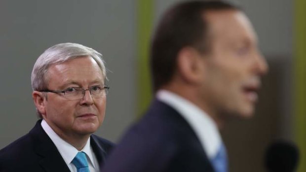 Prime Minister Kevin Rudd and Opposition Leader Tony Abbott at the leaders' debate at Rooty Hill RSL in western Sydney.