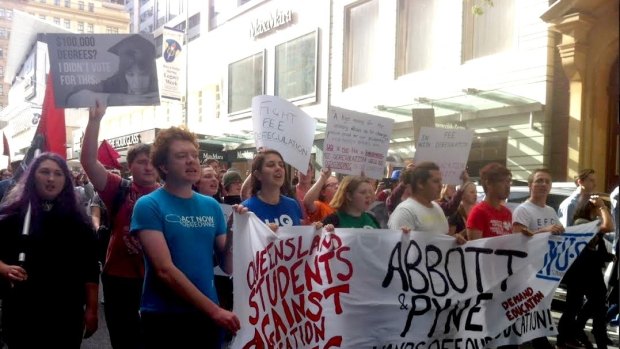 High school and university students protest federal education cuts in Brisbane.