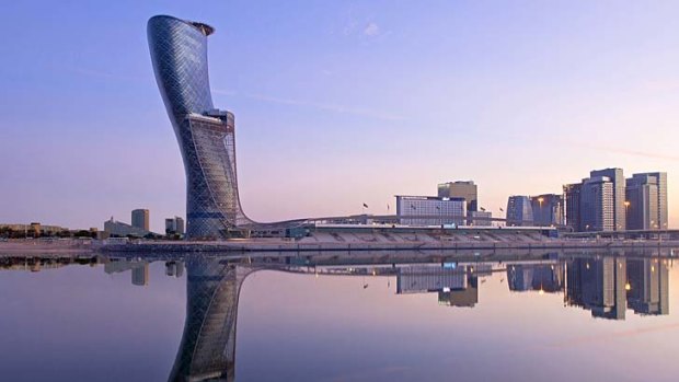The Capital Gate's leaning tower adds drama to the Abu Dhabi skyline.