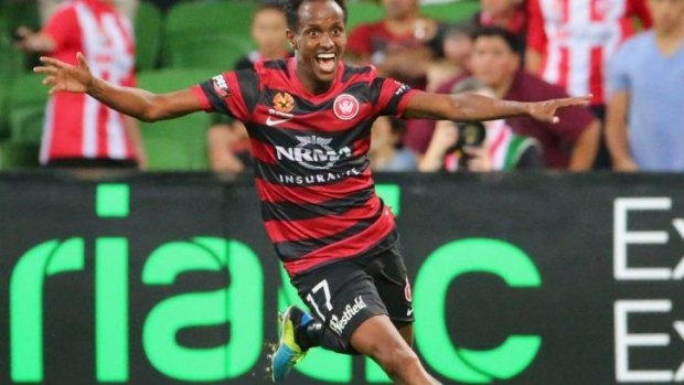 Happier days: Youssouf Hersi celebrates after scoring the match-winning goal during the round 27 match against Melbourne Heart.