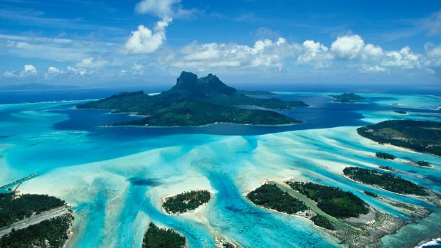 An aerial view of Bora Bora in French Polynesia.