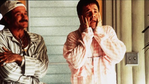 Robin Williams, left, and Nathan Lane star in "The Birdcage" in which Lane displays a stereotypical "gay voice".