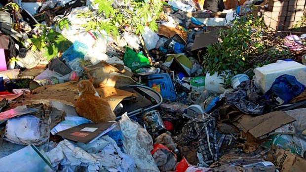 Mountains of rubbish: The home of Mary Bobolas is being cleaned out.