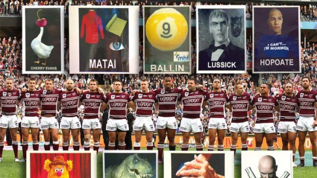 Grand final sense of humour ... Manly players decorated their lockers at ANZ Stadium with some strange illustrations. As if being 18th man wasn’t bad enough, Darcy Lussick will now find it impossible to shake off the Lurch nickname.