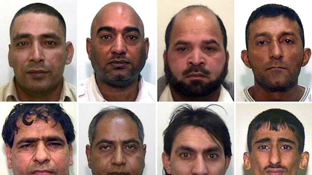 Eight of nine men  convicted of a variety of offences connected with a child sexual exploitqation ring:  (L-R top row) Adil Khan, Mohammed Amin, Abdul Rauf, Mohammed Sajid (L-R bottom row) Abdul Aziz, Abdul Qayyum, Hamid Safi and Kabeer Hassan. The ninth man convicted could not be identified for legal reasons.