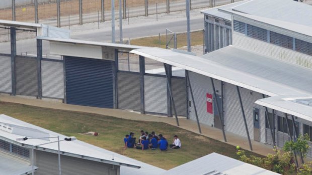 Detainees, believed to be recent arrivals, being held at The Christmas Island Immigration Detention Centre.