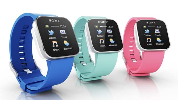The Sony SmartWatch, which displays various kinds of information sent from a nearby smartphone.