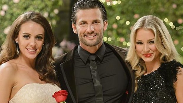The Bachelor Tim Robards with finalists Rochelle Emanuel-Smith, left, and winner Anna Heinrich.