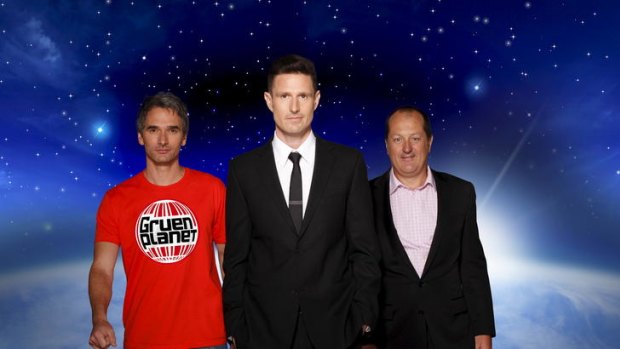 Gruen Planet host Wil Anderson, flanked by ad men Todd Sampson (left) and Russel Howcroft.