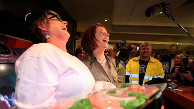 Eileen won second prize in the meat raffle after it was redrawn by Julia Gillard. <i>Picture: Andrew Meares</i>