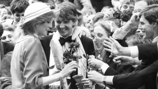Andrew Messenger, centre, greets Princess Diana at the opening of the Bourke Street Mall on April 14, 1983.
