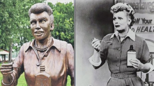 Dave Poulin's bronze sculpture of Lucille Ball in Celoron and, right, the comedian in <i>I Love Lucy</i>.