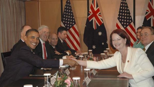 US President Barack Obama meets   Australia's Prime Minister Julia  Gillard in Yokohama.