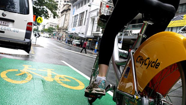 Brisbanetimes.com.au journalist Courtney Trenwith test rides one of the Brisbane City Council's new CityCycle rental bikes.