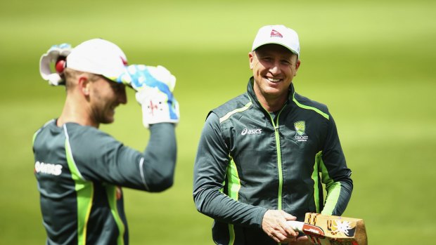 Preparing his successor ... Brad Haddin, right, shares a laugh with Peter Nevill during a nets session ahead of the 3rd Ashes Test match at Edgbaston.