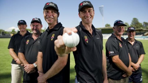 Cricket stars (l-r) Ashley Noffke, Jimmy Maher, Michael Dighton, Brendan Drew, Peter Sleep and Murray Goodwin are in Canberra to impart their knowledge on to ACT junior cricketers.