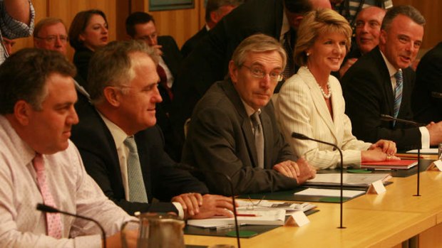 Back and to the right: The Coalition shadow cabinet, with Hockey at left, meets in 2007.