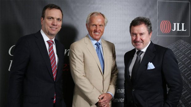 Greg Norman (centre) with JLL chief executive Stephen Conroy (left) and Tower Holdings chief executive Terry Agnew.