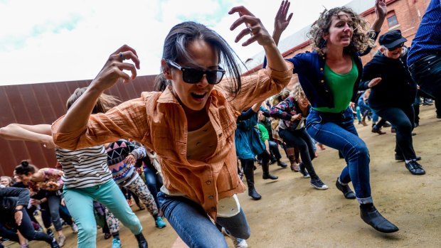 The Age, News, picture by Justin McManus. 22/05/2015. Dance Action at ACCA. Artists perform an impromptu dance protest against Gov. changes to Arts funding.