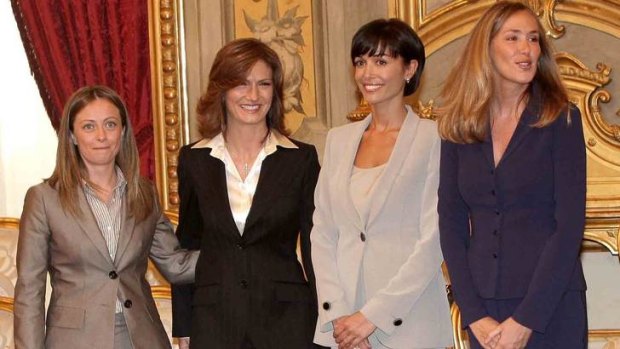 High profile ... Maria Stella Gelmini, second left, and Mara Carfagna, second right, with two colleagues at their swearing-in ceremony as ministers in 2008.