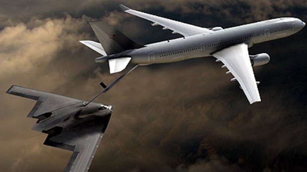 An artist's depiction shows a B-2 stealth bomber refueling. US Defence Secretary Robert Gates says a new $35 billion aerial refueling tanker competition will restart this summer despite cutbacks. AP Photo/Northrop Grumman Corp