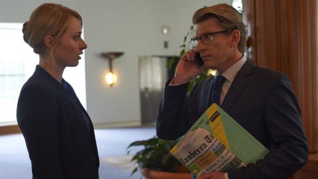 Chelsie Preston Crayford as media adviser Sophie Walsh with David Wenham as deputy PM Ian Bradley in ABC's <i>The Code</i>.