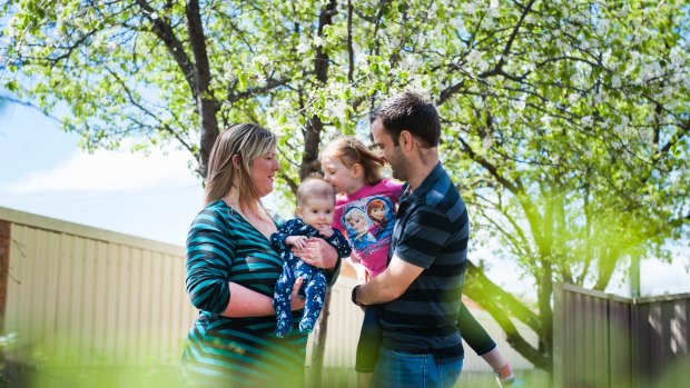 Alicia and Jeremy Spindler and children Kylah, three, and Layken,  four months. Both children were conceived through IVF at the Canberra Fertility Centre. 