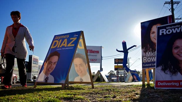 Election signs outside the Blacktown pre-polling booth in the seat of Greenway in Sydney's west, on Tuesday.