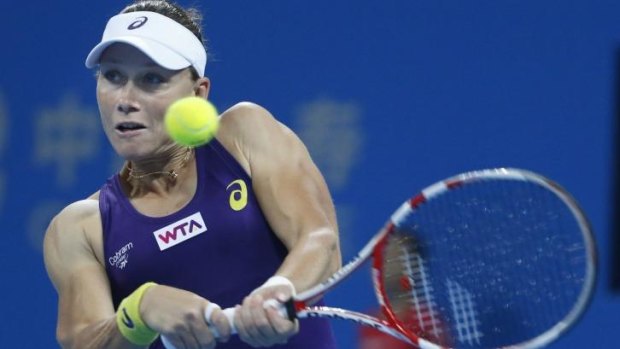 Return shot: Sam Stosur hits a backhand  during her loss to Petra Kvitova in the China Open.