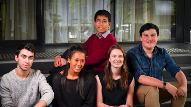 A group of last year's VCE students, one year on: Andrew Vassett, Rebecca Subbiah, Ashlyn Field, Matt Bunney, and Stephen Zhang (back).