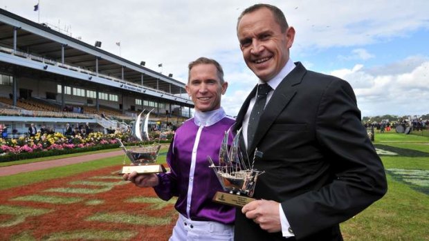 Winners are grinners: Boban jockey Glyn Schofield with trainer Chris Waller after the Emirates Stakes.