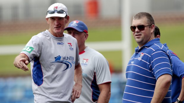 Nathan Tinkler, right, chats with Newcastle Knights rugby league coach Wayne Bennett earlier this year.
