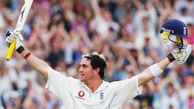 Kevin Pietersen celebrates his maiden Test century in 2005.