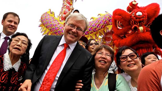 Comedy routine ... Kevin Rudd proved a popular speaker at the Lung Po Shan Chinese memorial gardens in Minchinbury.