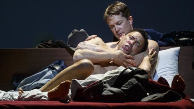 American tenor Tom Randle (Jack Twist) front, and Canadian bass-baritone Daniel Okulitch (Ennis del Mar), perform during a dress rehearsal of the opera "Brokeback Mountain" at the Teatro Real in Madrid ahead of Tuesday's premiere.