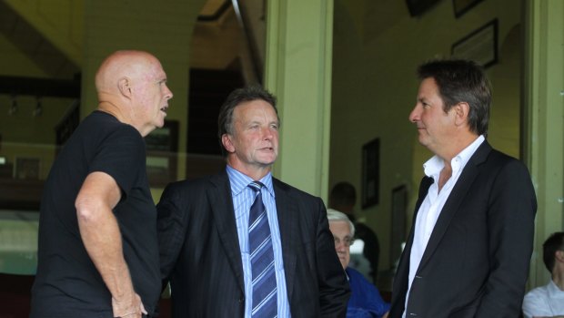 Back at the cricket: Kerry O'Keeffe (left), chatting with Peter Wilkins and Mark Nicholas, is to return to radio commentary.