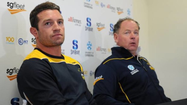 NRL player Danny Buderus (left) and ACT Brumbies head coach Jake White during a press conference in Canberra.