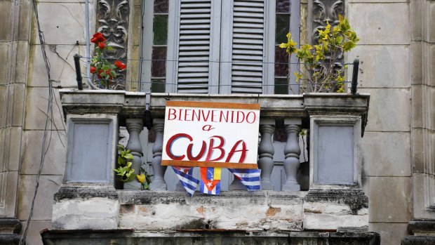 A poster welcoming Pope Francis to Cuba on a balcony in Havana on Tuesday. 