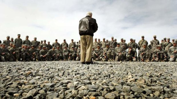The defence secretary addresses infantry troops at a base in Kandahar, Afghanistan, in 2010.