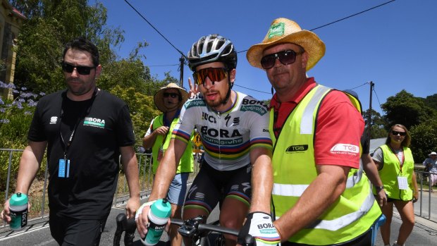 Peter Sagan recovers after winning stage four of the Tour Down Under.