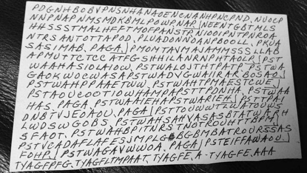 Code cracked: the front of an index card filled with letters written by Dorothy Holm.