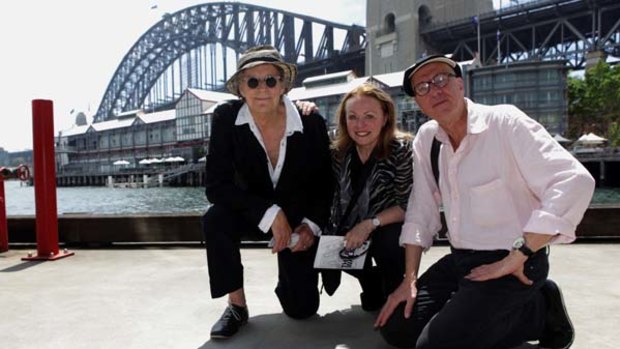 Geoffrey Rush, right, celebrates fellow thespian Barry Otto being awarded a place on the 'Theatre Walk' in Sydney, with actress Jacki Weaver.