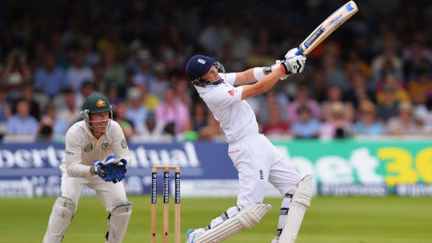 Change of pace: Joe Root hits a six as his innings flourished in the afternoon.