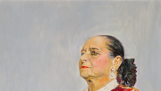 Detail from Graham Sutherland's 1957 portrait of Helena Rubinstein in a red brocade Balenciaga gown.