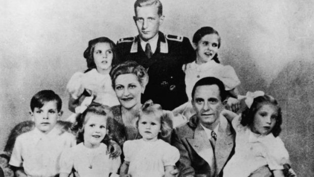 Joseph Goebbels with his wife Magda and their six children. Also present is Harald Quandt (in uniform), Magda Goebbels' son by her first marriage. 