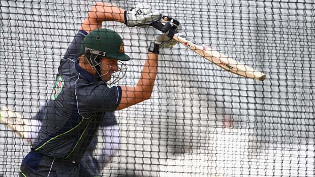 Great expectations: Shane Watson hits out in the nets.