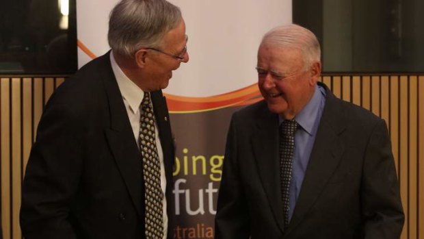 Former governor-general Sir William Deane and Admiral (Ret.) Chris Barrie at the launch in Canberra of a book of essays on asylum seeker and refugee policy.