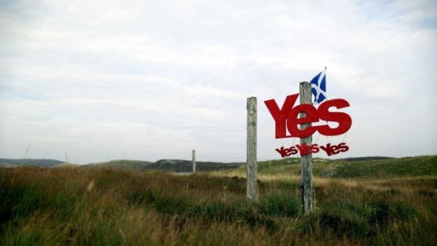 Yes campaign placards are displayed on a fence on the Isle of Lewis in Outer Hebrides.